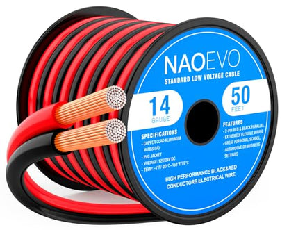 NAOEVO 14 Gauge Wire 2 Conductors, CCA Red Black Electrical Wire, 50FT - size: 50ft, style: 14AWG