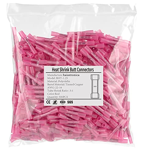 haisstronica 500PCS Heat Shrink Butt Connectors, AWG 22-16, Red - size: AWG22-16 Red, style: 500pcs
