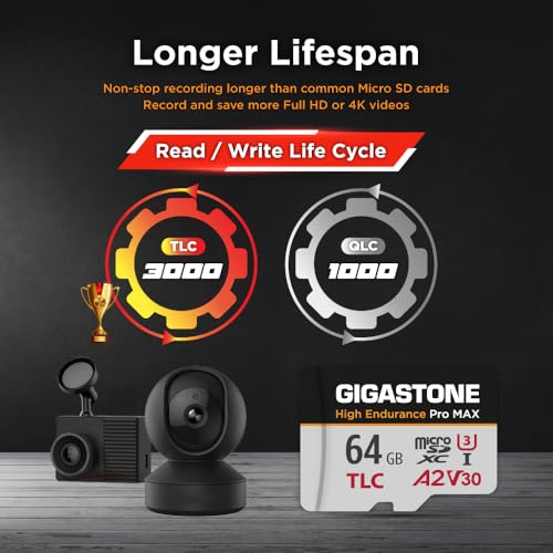 【5 Yrs Free Data Recovery】【Dash Cam】 GIGASTONE 64GB Micro SD Card, TLC High Endurance Pro MAX, Speed Up to 95MB/s, Compatible with REDTIGER Rove VIOFO VANTRUE PRUVEEO, MicroSDXC UHS-I A2 V30 U3 - color: 64GB High Endurance Pro MAX 1-Pack