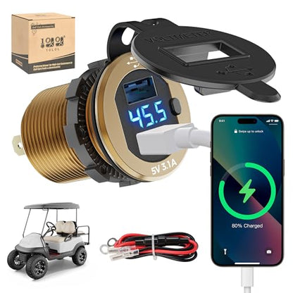10L0L 9V-55V Input Golf Cart Quick Charge 3.0 Dual USB Charging Socket,2 in 1 USB Ports & Digital Voltmeter Universal for Club Car,EZGO and Yamaha,Metal Shell Safe Charge Outlet - color: Golden