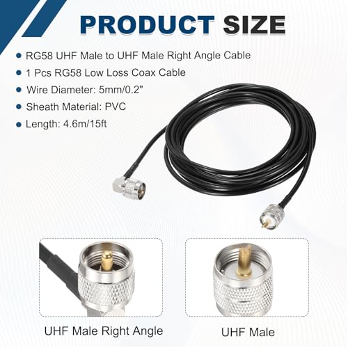MECCANIXITY Black RG58 CB Coax Cable 15ft, 50 Ohm Low Loss UHF Male to UHF Male Right Angle Extension Jumper Cable for HAM Radio, Antenna Analyzer, HF Radio, and Communication Devices - size: 15ft