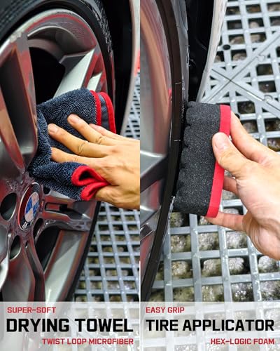 oesee 8PCS Wheel Cleaning Kit with Microfiber Brush & Rubber Grip Tire Brush, Twist Loop Drying Towel, Detailing Brush, Applicator for Car Rim and Tire Care - color: Red & Black