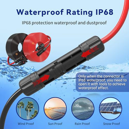 Solar Extension Cable 10AWG 6mm² 150FT PV Wire 10Gauge Adaptor Panels Cables with Female & Male IP68 Waterproof Connectors for Outdoors, Marine, RV, Photovoltaic (Black& Red) - size: 150ft Both ends installed