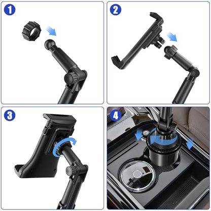 Ipad Holder for Car, Cup Phone Holder, Universal 360° Rotation Adjustable Long Arm, for 4"-13" Cell Phone iPhone iPad, Travel Accessories