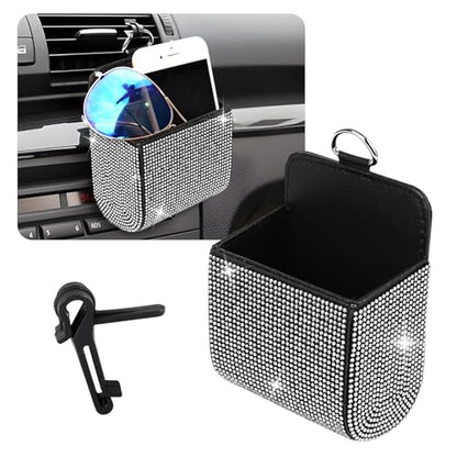 Car Vent Storage Organizer, Rhinestone Auto Air Vent Leather Storage Pouch, Bling Automotive Hanging Bag Pocket Case, Universal Car Mount Cell Phone Sunglasses Coin Holder (White) - color: White