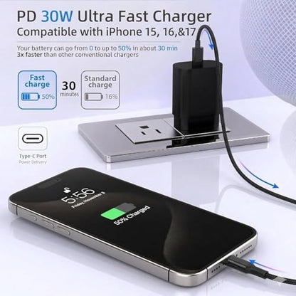 4-Pack 6ft 60W USB C to C Fast Charging Cable for Samsung Galaxy S26, S25 - color: Black 4x6ft