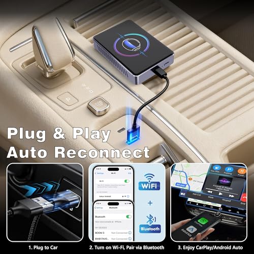 4-in-1 Wireless CarPlay & Android Auto Adapter, Screen Mirroring & HDMI Output for Cars with OEM Wired iPhone/Android, Plug & Play - color: Black