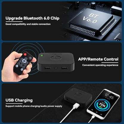 M2R Bluetooth 6.0 Receiver Adapter - Audio Streaming for Home Stereo, Speakers, Amplifiers with Low Latency - Supports RCA/AUX/USB Output, Hi-Fi Sound Quality