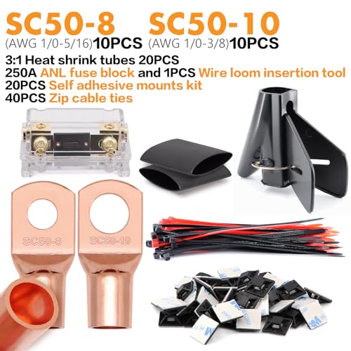 Jeemiter 1/0 Gauge CCA Wire Kit - Power/Ground Cable (40FT Black/Red),Battery Wire with 250A ANL Fuse,1/2 Inch Cable Split Sleeving,Lugs,Heat Shrink Tubing | for Car Audio Systems,Big 3 Upgrade - size: 40FT Wire + ANL Fuse + Cable Sleeve