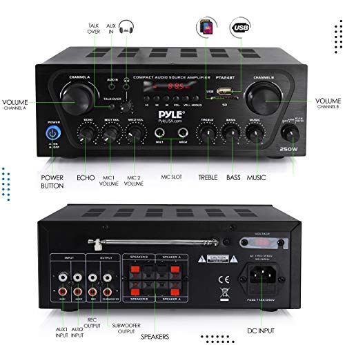 Pyle 2-Channel Bluetooth Home Stereo Amplifier - 250W Wireless Audio Receiver, Karaoke Optimized: Dual Mic In with Echo, Mic Talk-Over, FM Radio, USB-A MP3 Player, RCA, AUX, Remote Ctrl - PTA24BT