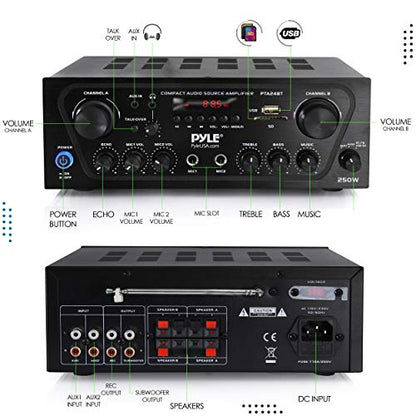 Pyle 2-Channel Bluetooth Home Stereo Amplifier - 250W Wireless Audio Receiver, Karaoke Optimized: Dual Mic In with Echo, Mic Talk-Over, FM Radio, USB-A MP3 Player, RCA, AUX, Remote Ctrl - PTA24BT