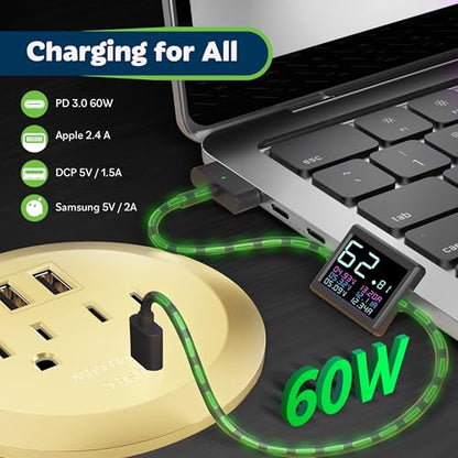 TOPGREENER Gold Desktop Power Grommet, Recessed Power Strip with GaN 60W PD - color: Gold