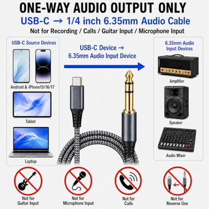USB C to 1/4 inch TRS Stereo Audio Cable 3.3FT, Built-in DAC Chip Compatible with Android & iPhone 15/16/17, Samsung Galaxy S24, iPad Pro, MacBook for Amplifier, Mixer, Speaker (Audio Output Only)