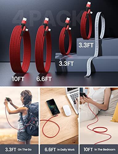 AINOPE USB C to USB Cable [4-Pack 10/6.6/3.3/3.3ft] 3.1A USB Fast Charge Right Angle, Resistant Nylon Braided USB C Charging Cable Compatible with Galaxy S21 S20 Plus, Note 20 10 9, Moto - color: Red, size: 3.3FT+3.3FT+6.6FT+10FT