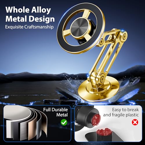 Ultra Magnetic Long-Arm Phone Holder Stand, Fits for MagSafe Car Mount Bracket【Windshield+Vent+Dash】, 360° Rotation Adjustable Strong Magnets Car Mount Desk Office Phone Cradle Holder, Gold - color: Gold