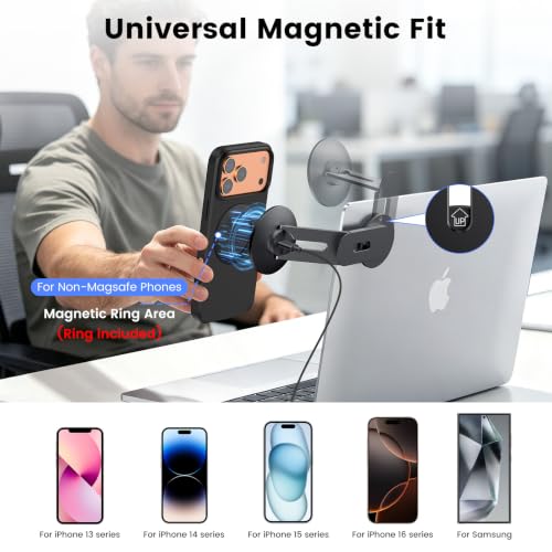 Magnetic Laptop Phone Mount with 15W Fast Wireless Charger, Compatible for iPhone 12-17 Series & All Phones, Adjustable Laptop Phone Holder for Tesla Model 3/Y/S/X Desktop Screen Stand - color: Black