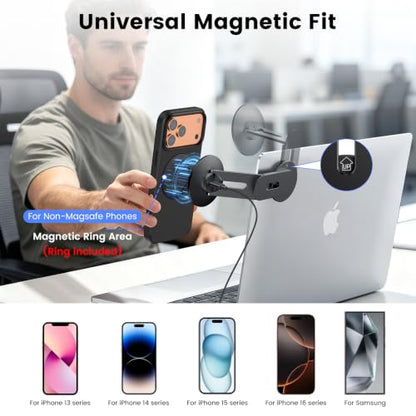 Magnetic Laptop Phone Mount with 15W Fast Wireless Charger, Compatible for iPhone 12-17 Series & All Phones, Adjustable Laptop Phone Holder for Tesla Model 3/Y/S/X Desktop Screen Stand - color: Black