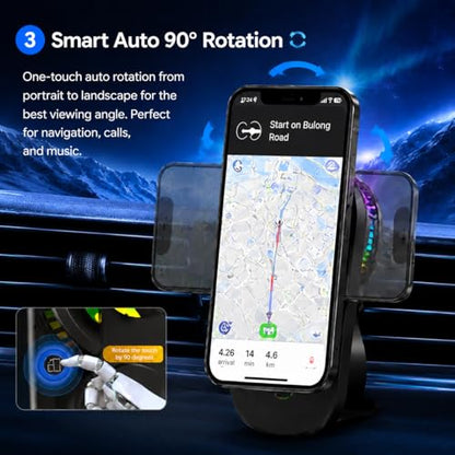 Wireless Car Charger Mount, 15W Fast Charging MagSafe Phone Holder with Cooling Fan, Auto 90° Rotation, Vent & Dashboard Mount for iPhone 17/16/15 Pro Max, Samsung S25/S24
