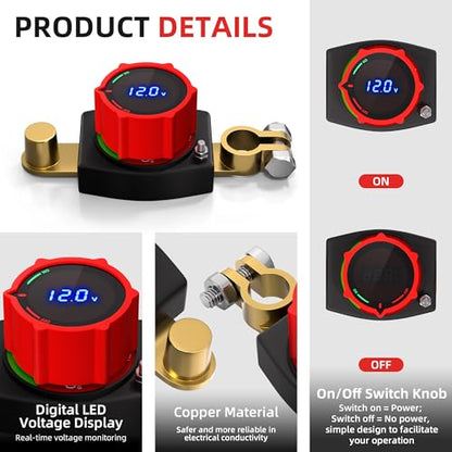 Joinfworld Top Post Battery Disconnect Switch 12V-48V with Led Voltmeter, DC 5-60V Battery Kill Switch Negative On/Off Battery Cut Off Switch for Marine, Cars, Vehicles, RVs and Boats - color: 300A On-Off Top Post with Voltmeter