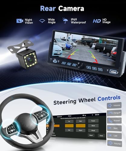 Single Din Car Stereo, 6.86" Touch Screen Car Radio with Wireless & Wired CarPlay Android Auto, Bluetooth FM USB EQ Mirror Link Steering Wheel Control + 12LED Backup Camera