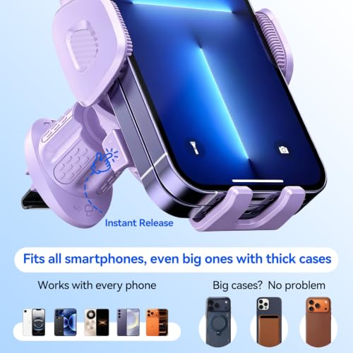 Car Vent Phone Holder [Thick Cases Friendly] Rotatable Universal Phone Mount for Car with Metal Hook & Wide Clamp, Purple Car Phone Holder Mount Compatible with iPhone 17 Pro Max 15 14 13 Samsung S25 - color: Lavender