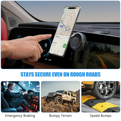 Ryvlan Carmount Vacuum Magnetic Phone Mount for Car– Magsafe Suction iPhone Stand, Content Creator Phone Holder & Car Mount, iPhone Holder for Dashboard & Windshield, Suction Cup Samsung Stand - style: Sleek Black