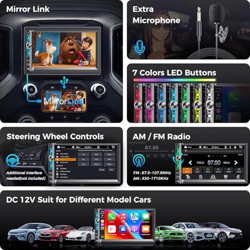 7-Inch Double Din Car Stereo with Apple CarPlay, Android Auto - style: Volume knob + 4 physical buttons