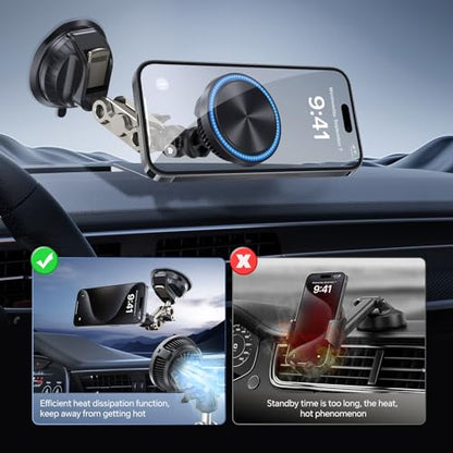 This Hill 15W Magnetic Wireless Car Charger Mount, Compatible with MagSafe, Phone Holder with 360° Suction Cup & Aluminum Alloy Telescopic Arm Compatible with iPhone 12-17 Series