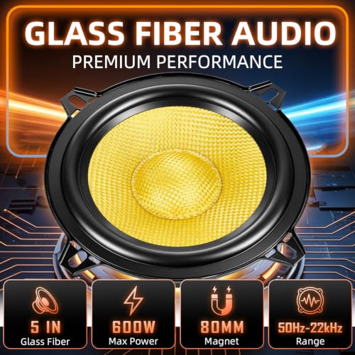 5.25" Speakers 600W Glass Fiber Cone Woofer 5 Inch Speaker Car Audio - color: 5in yellow