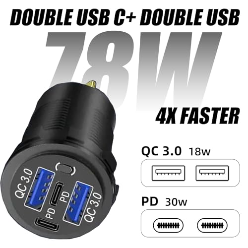 12V USB Charger with 4 Ports, Quick Charge 3.0 Ports 12V USB Outlet with Switch for Marine, Boat, Motorcycle, RV, Golf Cart (Pack of one)