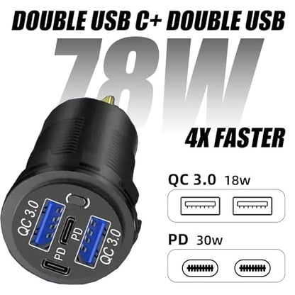 12V USB Charger with 4 Ports, Quick Charge 3.0 Ports 12V USB Outlet with Switch for Marine, Boat, Motorcycle, RV, Golf Cart (Pack of one)