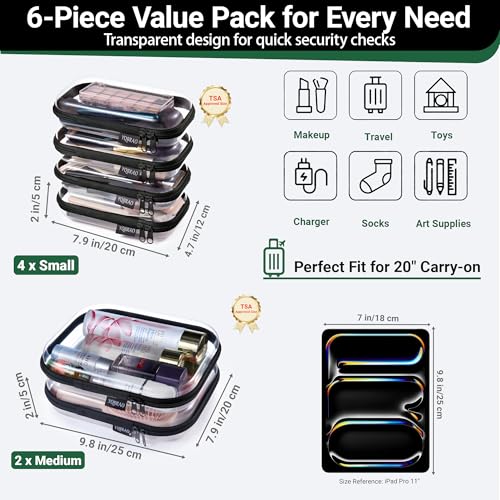 YQBRAO Clear Hard Shell Zipper Cases, 6 Travel Organizers, 2M 4S, Black - color: Black, size: 6 Pack (2M+4S)