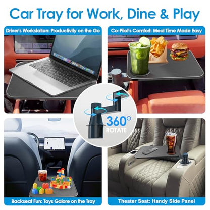 Car Tray& Car Desk for Laptop,Dual 360° Rotating,Anti Slip Leather Surface, Food Tray, Cup Holder Table Compatible with Tesla Model Y/3/S, Ford F150/Explorer/Maverick/Home Theater Seating (Black) - color: Black