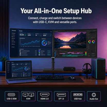 Deco Gear 49 Inch Curved Monitor, 3840x1080 Ultrawide Gaming WDFHD Screen, 144Hz, 32:9, 3ms, 3000:1 VA Display, HDR400, Adaptive Sync, USB-C 65W, HDMI, PIP/PBP, KVM, 1800R, Office & Workstation Setup - size: 49 inch