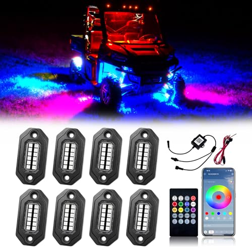 8Pods RGB LED Rock Lights Full Kit with APP/Remote Control, Aluminum Housing, High Bright Multilcolor IP68 Waterproof for Jeep Trucks UTV SUV ATV Pickup Off Road Golf Car - size: 8 Pods