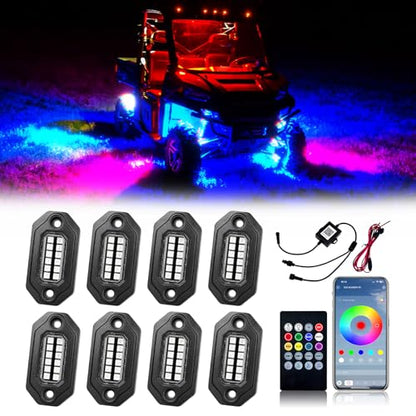 8Pods RGB LED Rock Lights Full Kit with APP/Remote Control, Aluminum Housing, High Bright Multilcolor IP68 Waterproof for Jeep Trucks UTV SUV ATV Pickup Off Road Golf Car - size: 8 Pods