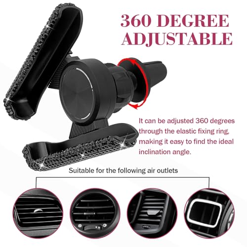 Bling Rhinestone Car Phone Holder, Mini Universal 360° Adjustable Auto Mount For Dash & Air Vent, Crystal Car Accessories For Women & Girls (Black) - color: Black