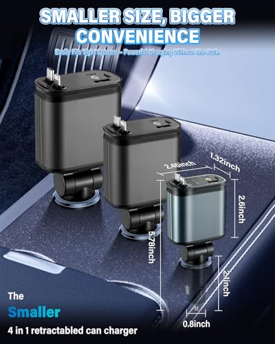 LivTee Starlight 4-in-1 Retractable Car Charger, 66W USB-C & Dual USB Ports, Fast Charging for iPhone & Android, Starlight Car Phone Charger, Car Accessories, for Men & Women (Dark Grey) - size: Retractable Charger