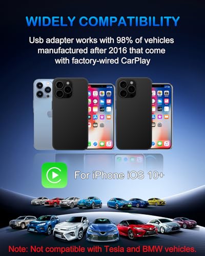 Wireless CarPlay Adapter for iPhone, Mini Size Plug & Play, Stable Fast Connection, Compact USB-A/USB-C for iPhone iOS 10+ with Manual