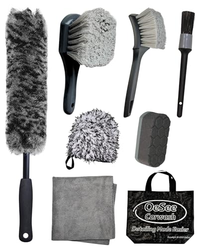 oesee 8PCS Pro Wheel Cleaning Kit - Synthetic Wool Brushes, Detailing Brush, Tire Brush, Wash Mitt, Drying Towel & Carry on Bag - Scratch-Free Rim Cleaning Kit - color: Grey & Black