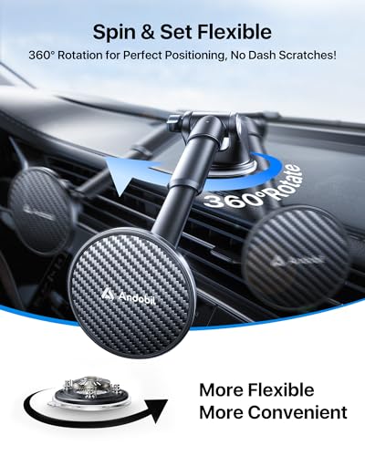 【Military-Grade】andobil 3 in1 Magnetic Phone Holder for Car Dashboard Windshield Vent 【Upgrade Suction & Strongest Magnet】Retractable for MagSafe Car Mount Mats for iPhone 17 16 15 14 Pro Max Sumsung - color: dashboard-black