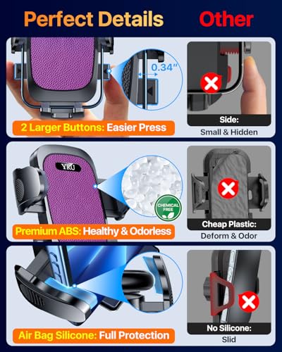 YRU [True Upgrade for Safety] Car Phone Holder Mount [Patent & Military-Grade] Dashboard Cell Phone Holder for Car Vent Windshield Phone Stand for iPhone 17 16 15 14 13 Pro Max Truck Samsung, Purple - color: Purple