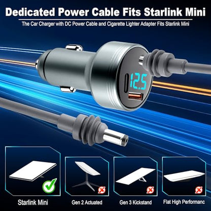 LivTee Car Adapter for Starlink Mini, 3-in-1 Car Charger and DC Power Cable with Cigarette Lighter Adapter, 12V-24V Digital Display, QC 3.0 30W and PD 45W Ports, 16AWG Cable for Car Accessories(10FT) - size: Starlink Adapter