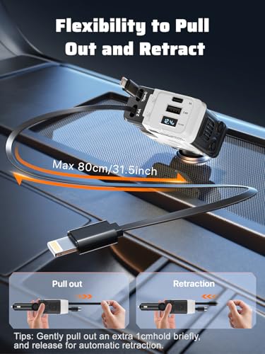 Retractable Car Charger with Retractable Cables (31.5 inch), 4 in 1 Super Fast Car Phone Charger, 2 USB Ports Car Charger Adapter, Compatible with iPhone 15 14 13 12 11 Pro Max, iPad, Pixel - color: White