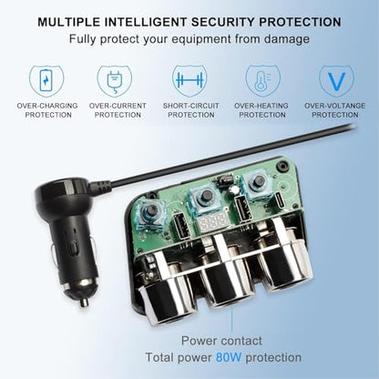 BYGD 110W Car Splitter, 3 Cigarette Socket Adapters, 3 USB Ports, 4-in-1