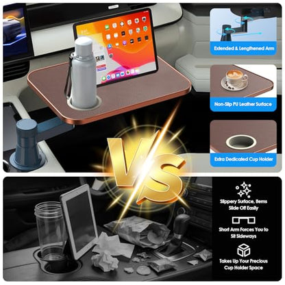 Car Tray& Car Desk for Laptop,Dual 360° Rotating,Anti Slip Leather Surface, Food Tray, Cup Holder Table Compatible with Tesla Model Y/3/S, Ford F150/Explorer/Maverick/Home Theater Seating (Brown) - color: Brown