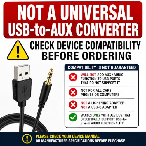 3.5mm Aux to USB Adapter Cable – 3ft USB 2.0 Male to 3.5mm Audio Jack Cord for Charging and Syncing – Compatible with MP3 Players, Headphones, and Most Car Charger Models (Not All) – Black