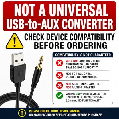 3.5mm Aux to USB Adapter Cable – 3ft USB 2.0 Male to 3.5mm Audio Jack Cord for Charging and Syncing – Compatible with MP3 Players, Headphones, and Most Car Charger Models (Not All) – Black