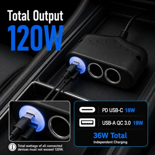 Cliff Top Car Cigarette Lighter Splitter, Dual Socket USB-C PD QC3.0 Switch