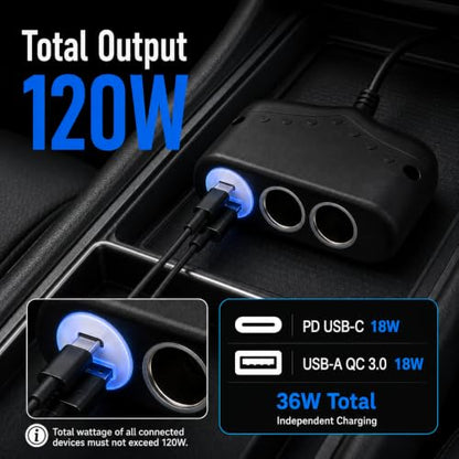 Cliff Top Car Cigarette Lighter Splitter, Dual Socket USB-C PD QC3.0 Switch